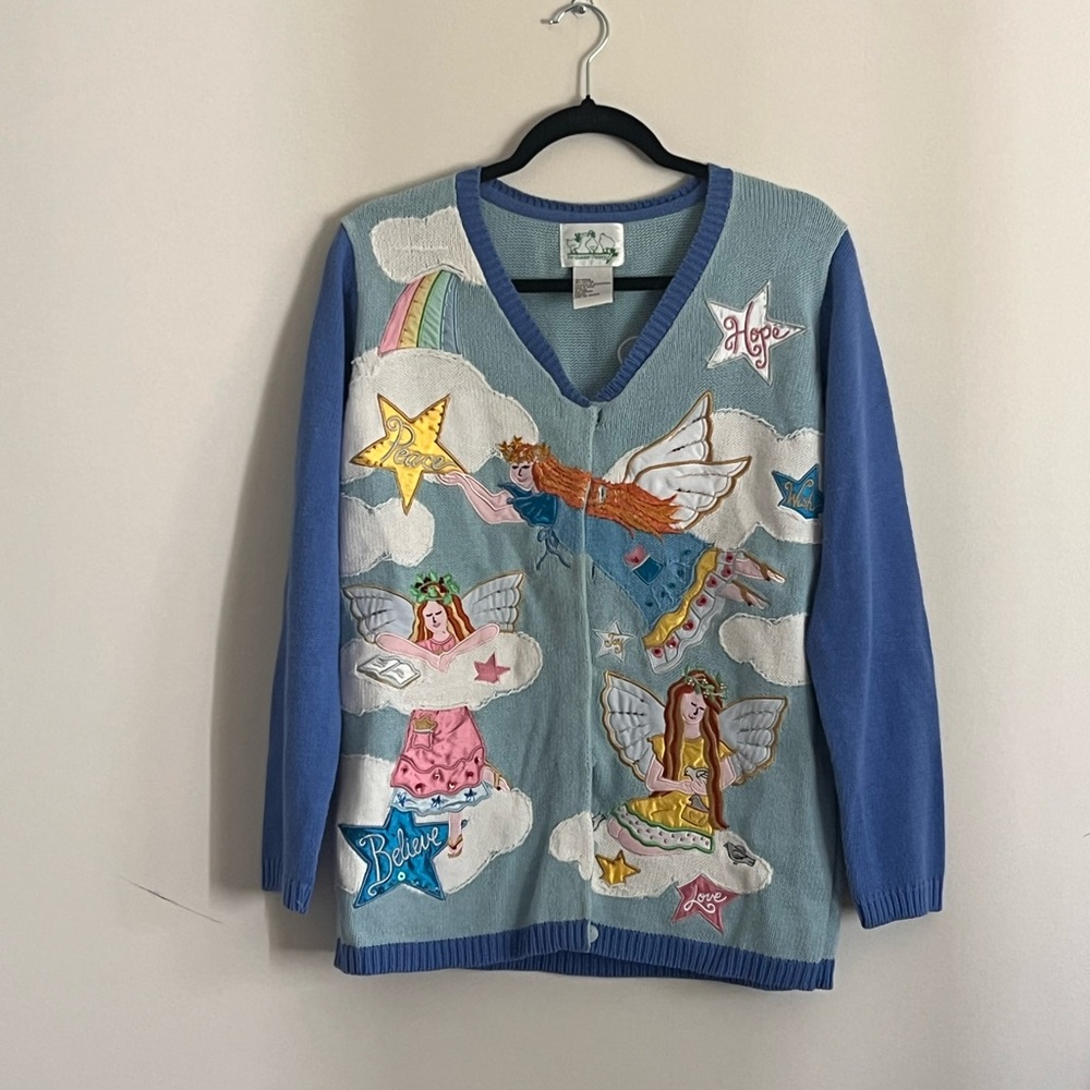 Vintage Blue knitted Cardigan Embroidered angels